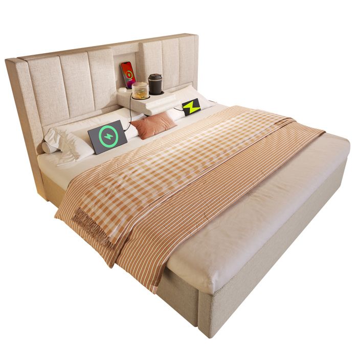 Lit 140x190 lin beige coffre hydraulique sommier à lattes inclus porte-gobelet intégré ports USB sans matelas