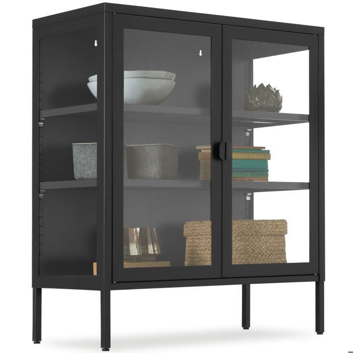 Buffet - TECTAKE - Vitrine métallique BAKER avec portes vitrées et fermeture magnétique 80 x 37 x 90 5 cm - Noir