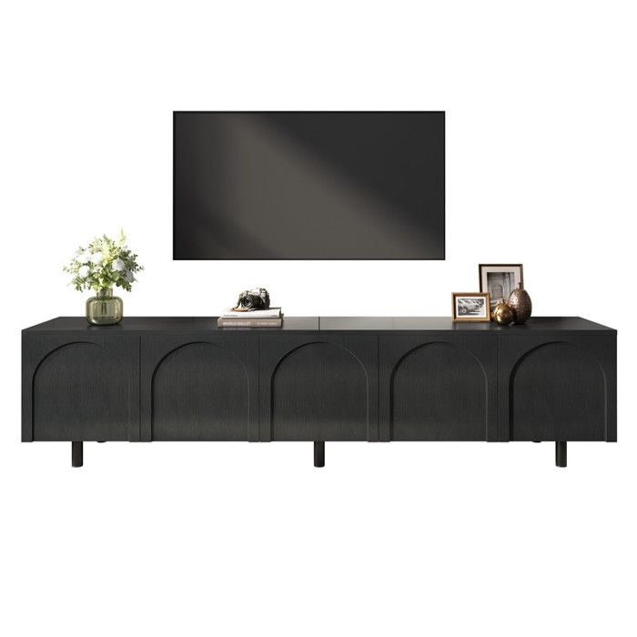 Meuble TV Moderne Noir 180 cm avec 5 Portes Lowboard Salon en MDF et PB Pieds Métal Banc TV Design Contemporain 180x38x45 cm