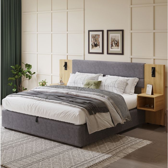 lit coffre 180 x 200 cm SENVIRO en velours avec deux tables de chevet et eclairage USB