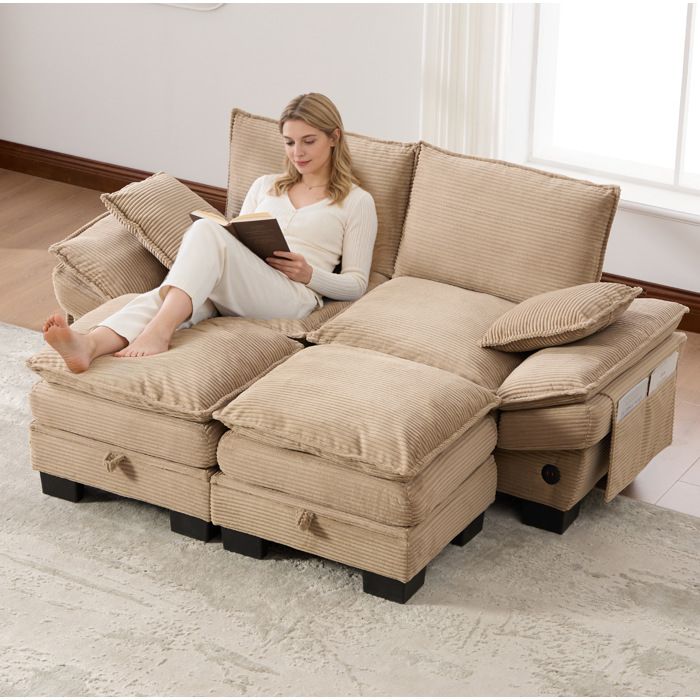 Canapé modulable 2 places en velours côtelé kaki avec 2 poufs USB-C poches latérales assise ergonomique