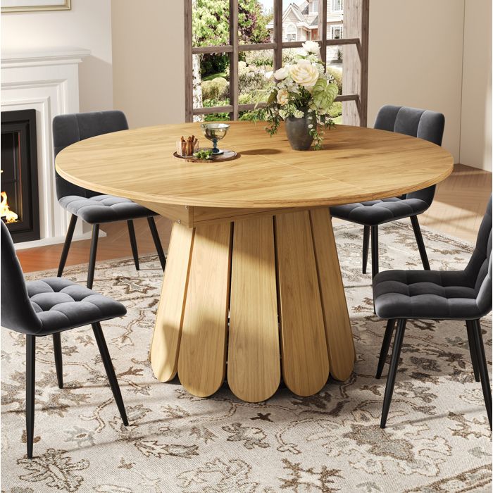 Table de Salle à Manger 6 Personnes Extensible Ronde à Ovale - TCQPZ - Vintage MDF Aspect Bois Naturel pour Cuisine et Salon