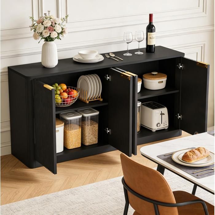 WUVRIE Buffet bas 150 cm 4 portes noir en MDF design ondulé meuble de rangement pour salon ou salle à manger