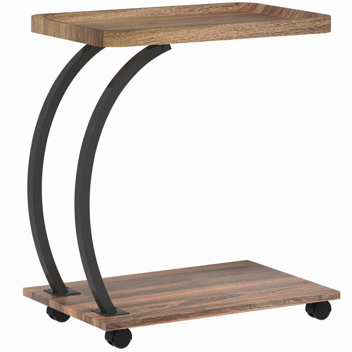YWJ Table Appoint Forme C Roulettes Plateau Supérieur Étagère Inférieure Canapé Lit 52x34x60cm Marron