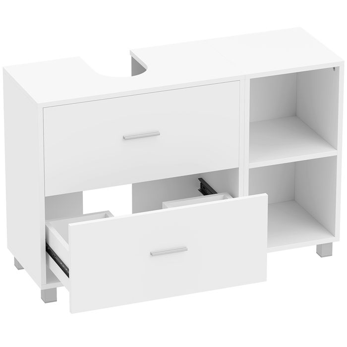 FSX Sac de salle de bain mobile sous-lavabo avec 2 tiroirs et étagères ouvertes en bois 90x30x60 cm blanc