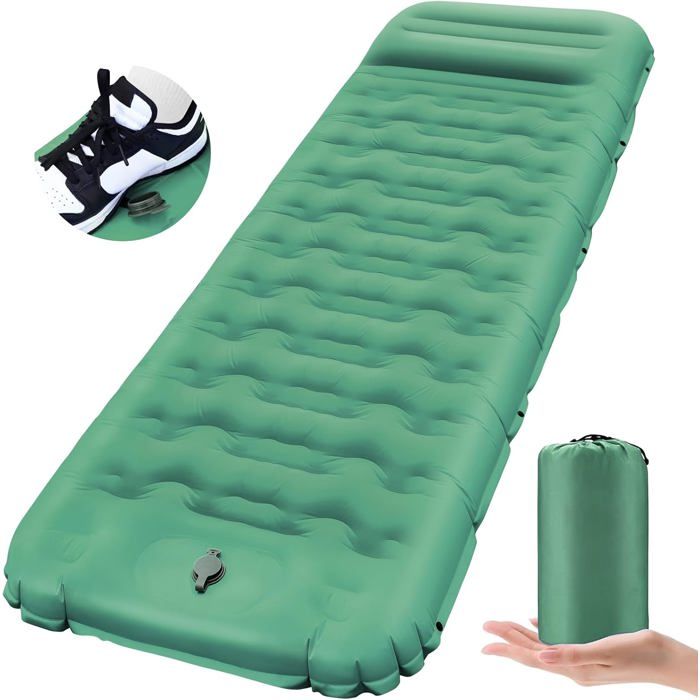 Matelas autogonflant 12 cm 195 x 64 cm pompe à pied intégrée nylon ripstop 40D coussin camping et randonnée