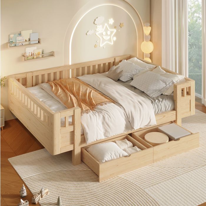 Lit plateforme 140 x 200 cm garde-corps haut 2 tiroirs bois
