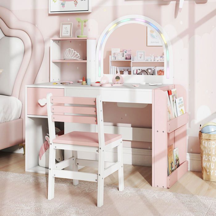 Rangement pratique coiffeuse enfant avec miroir lumineux étagères tiroir et chaise pour enfants dès 3 ans
