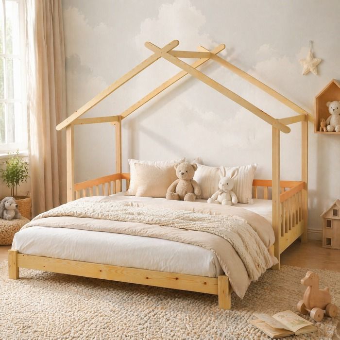 Lit cabane évolutif enfant en bois de pin naturel convertible simple double barrières 3 côtés ORVRYN