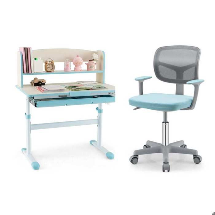 Ensemble bureau enfant + chaise de bureau bleus réglables en hauteur plateau inclinable rangement pour étude