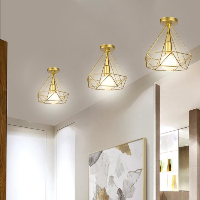 MOGOD LOT DE 3 Rétro Plafonnier forme Diamant 25cm Lampe de Plafonde Luminaire en Fer Forgé Doré Décoration Café Balcon