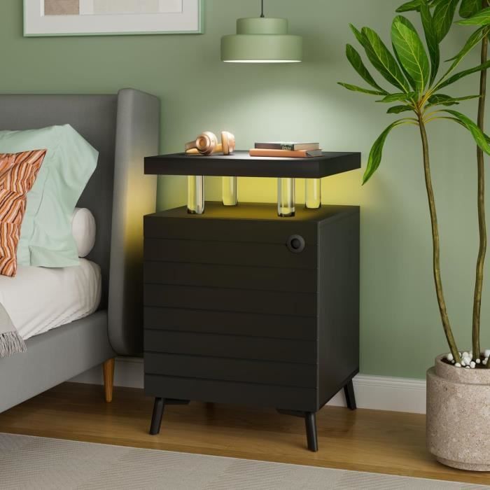 COSTWAY Table de Chevet LED avec 2 ports USB, étagère ouverte et tiroir, 3 Couleurs de Lumière, Capteur Intelligent, 45 x 40 x 50 cm COSTWAY Table de Chevet LED avec 2 ports USB, étagère ouverte et tiroir, 3 Couleurs de Lumière, Capteur Intelligent, 45 x 40 x 50 cm