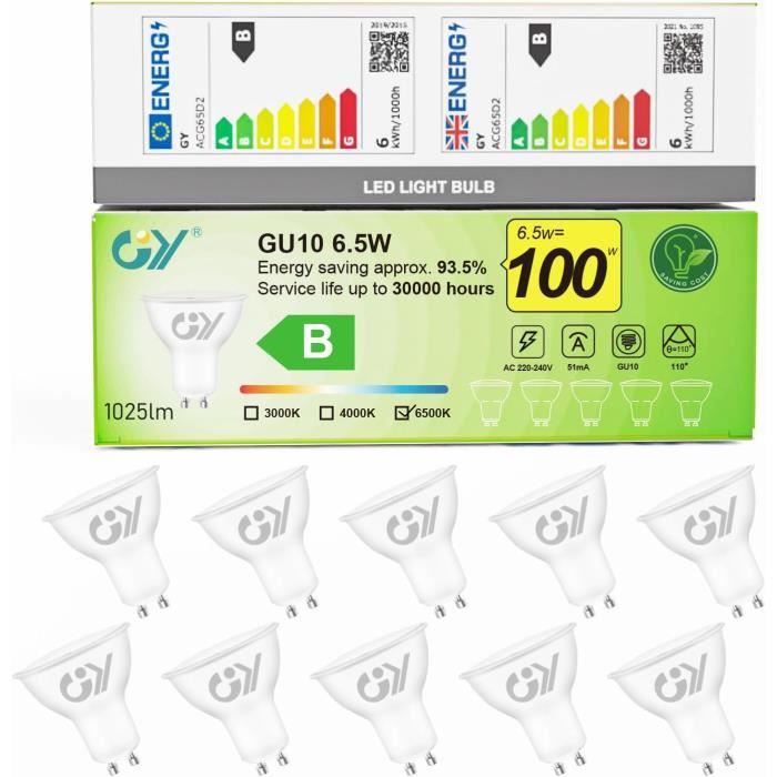 Ampoule LED GU10 6.5W équivalent 100W, 1025 Lumens 6500K Blanc Froid ...