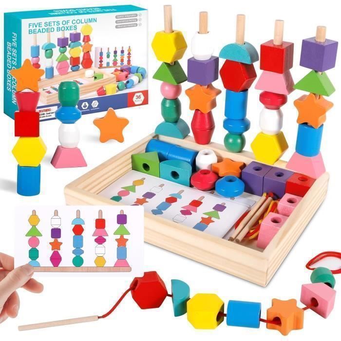 Jouet éveil Montessori en Bois 3 en 1 Perles à Enfiler Empilable et Tri Développement Motricité et Réflexion 2-5 Ans et +