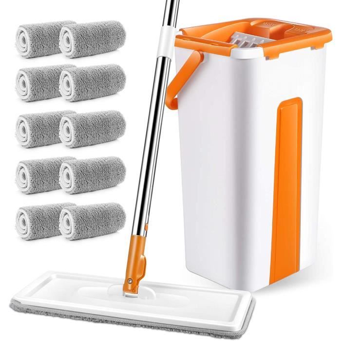 Ensemble Balai Serpillère Avec Seau Essoreur, Serpillère Plat Avec Manche En Inox, Seau Humides