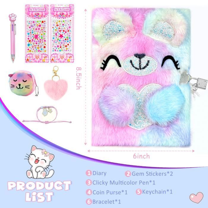 NyxSeat Carnet De Dessin Animé Avec Serrure Violet - Journal Secret Oreilles Peluche + 6 Autocollants