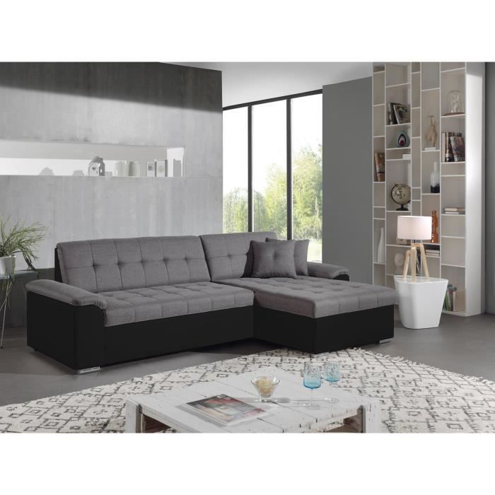 HANS Canapé d'angle réversible convertible - en tissu et simili - 4 places avec coffre Couleur - Noir / Gris - Cdiscount Maison