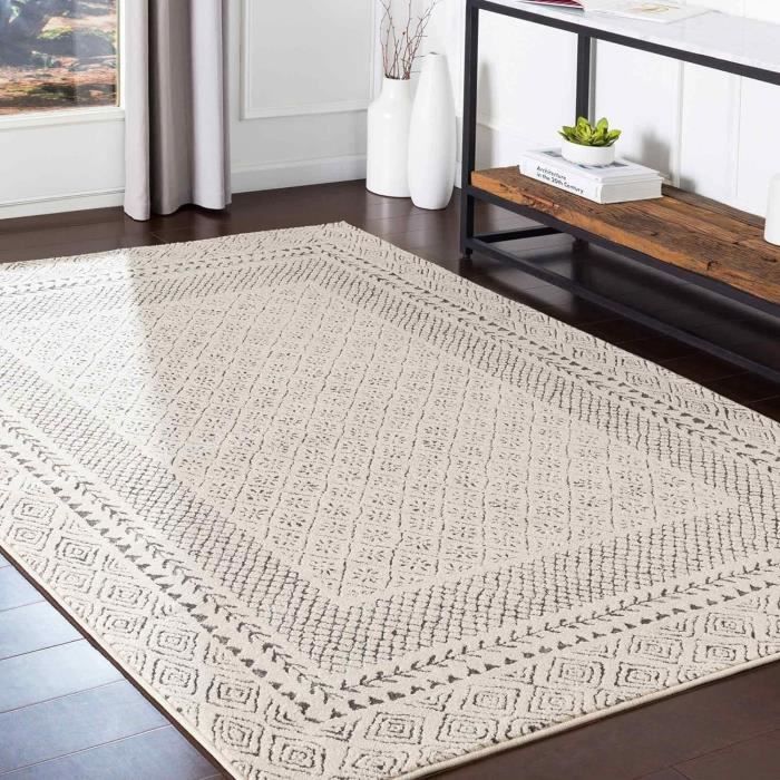 Tapis Extérieur Terrasse 120x170 Cm - Design Scandinave Géométrique - Polypropylène Résistant - Ivoire Et Gris - Pour Balcon, Jardin, Véranda