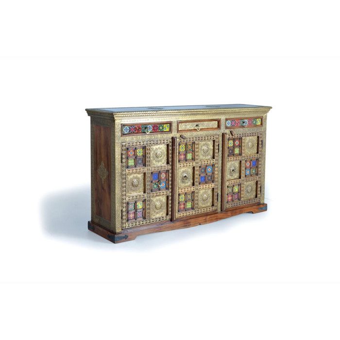 Buffet Bas - Giner y Colomer - Bois dAcacia - Laiton Sculpté - Maïolique