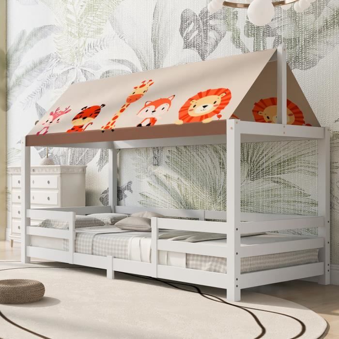 lit cabane, lit enfant avec barrière de protection et tente en tissu pour fille et garçon, 90x200cm, blanc