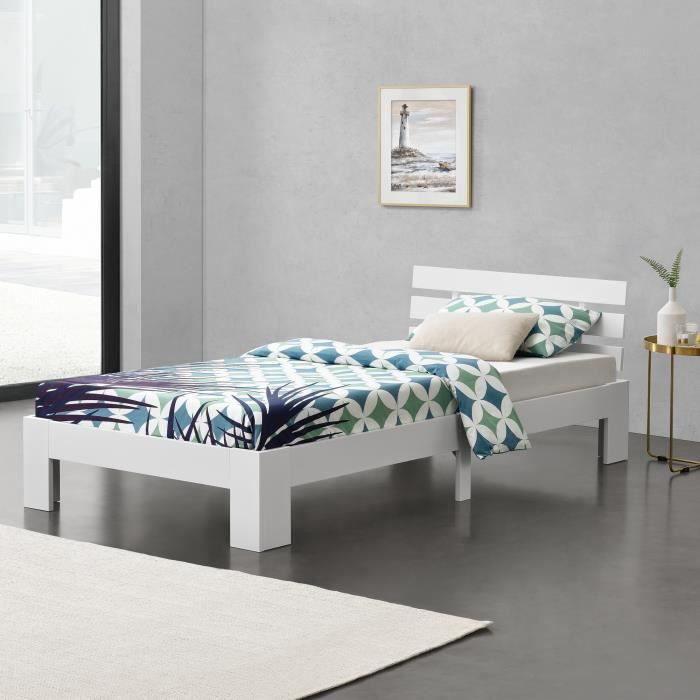 cadre de lit design nivala à sommier à lattes capacité de charge 100 kg lit simple stylé en pin et bois stratifié 90 x 200 cm blanc