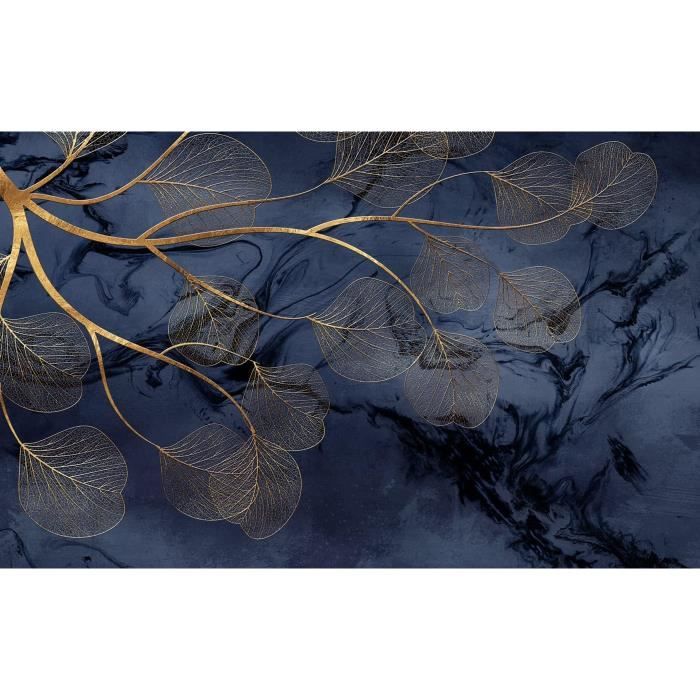 Papier Peint Panoramique 3D Feuilles D'Or Fond D'Art Bleu Branches ...