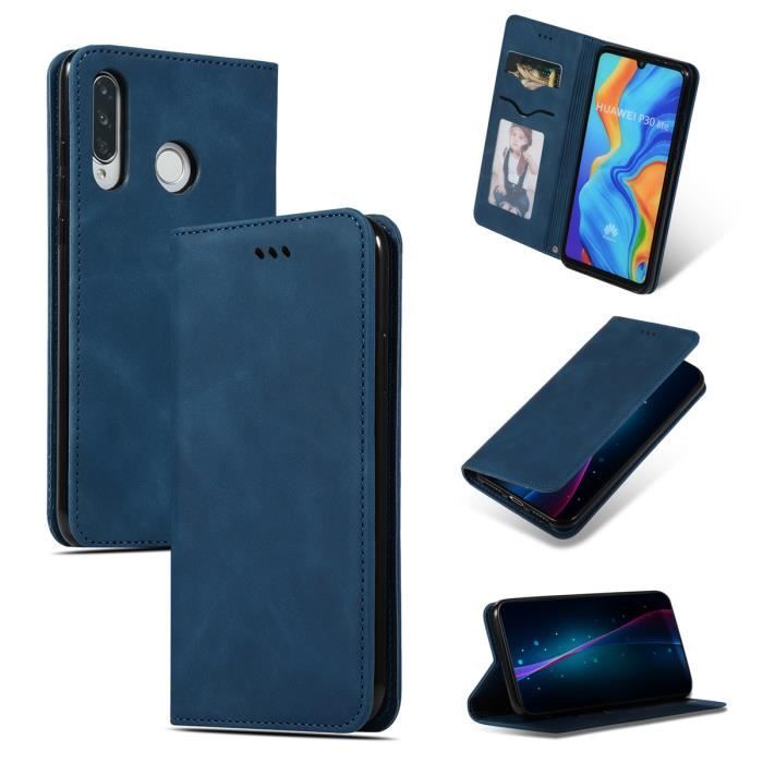 6.15 pouce Huawei P30 lite Etui de Protection, [Magnétique Invisible] Premium PU Cuir Antichoc Téléphone Housse Huawei P30 lite Bleu