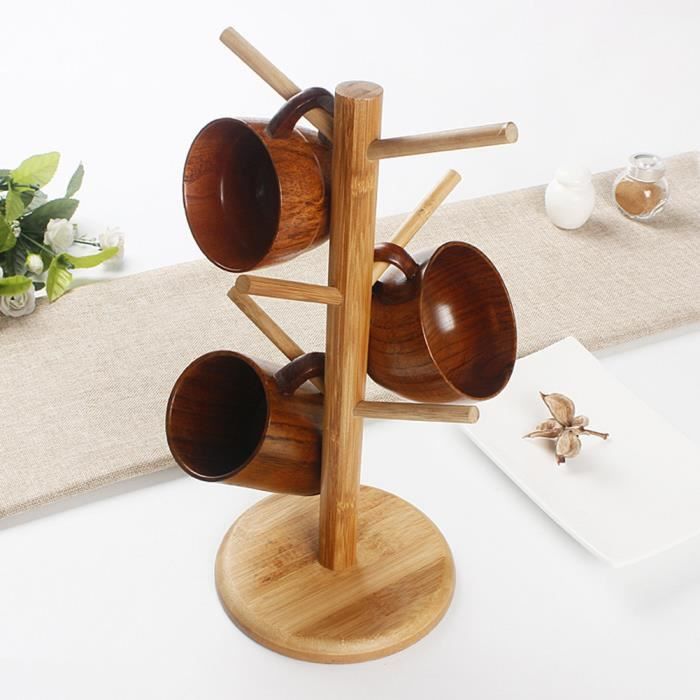 Arbre à Tasses En Bambou Avec 6 Crochets - 34,5 X 15,2 Cm - Pour Ranger Tasses, Bijoux, Clés - Base Stable, Design Naturel