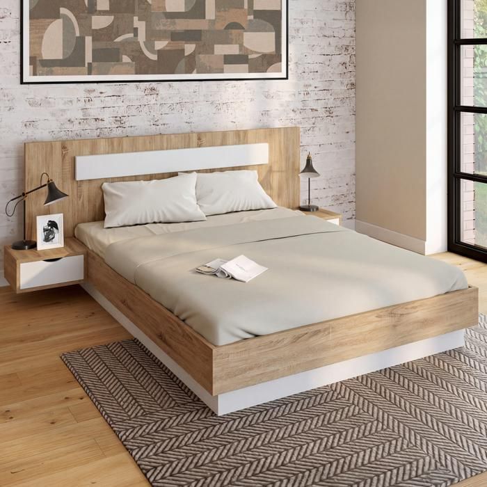 IDMARKET Lit double SANTA avec tête de lit + tables de chevet intégrées et sommier 140 x 190 cm bois et blanc