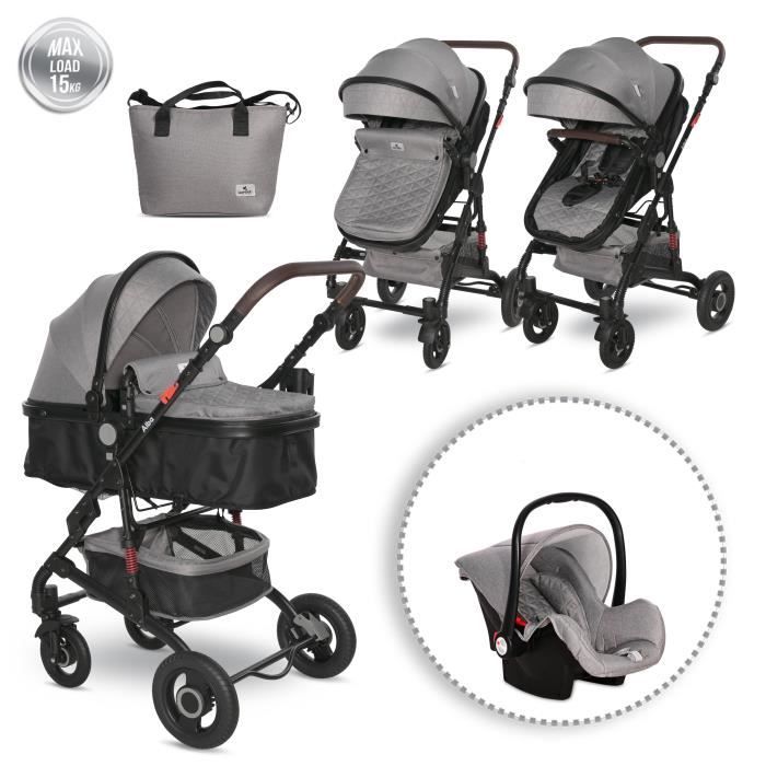 LORELLI Alba - Poussette 3en1 citadine compacte pliable - Avec nacelle, siège auto et sac à langer - Jusqu'à 15Kg - Gris