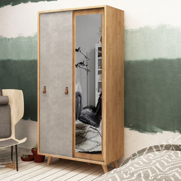 Armoire à glace portes coulissantes Firmo 100x190cm Panneau Bois finition Chêne et Gris Béton