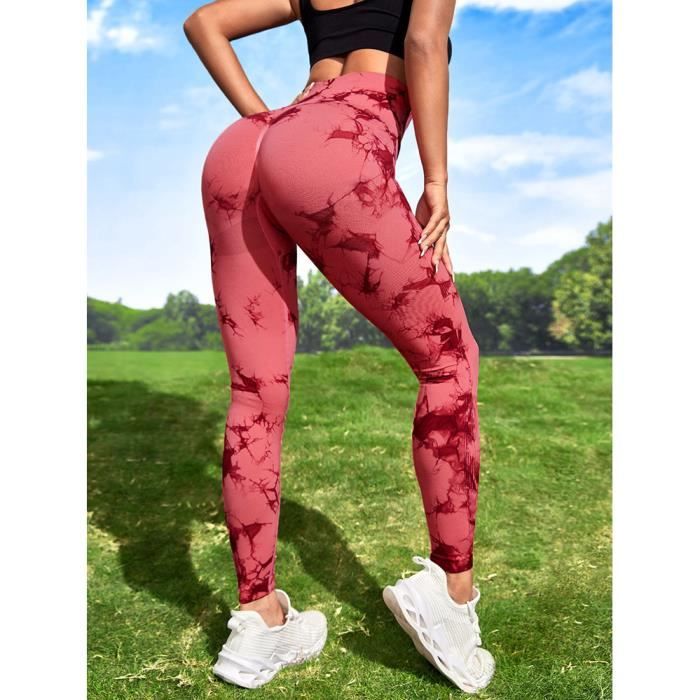 Leggings Femme Push Up Anti-Cellulite Butt Lift Legging de Sport Taille Haute Slim Fit Pantalon De Yoga pour Femmes Beige/Rouge