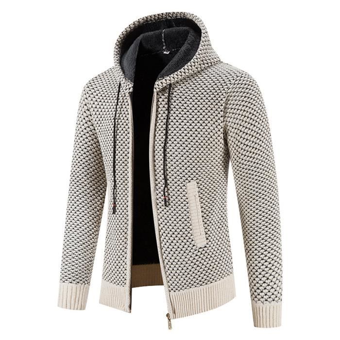 Gilet Capuche Homme Chaud Double Polaire Cardigan Zippe Epais Couleur Unie Confortable Automne Hiver Beige