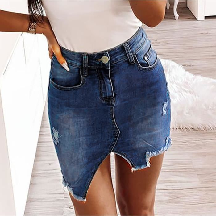 JUPE KILT Jupe en jean irreguliere avec trou de fesses taille haute pour femmes Bleu Bleu Cdiscount Pret a Porter