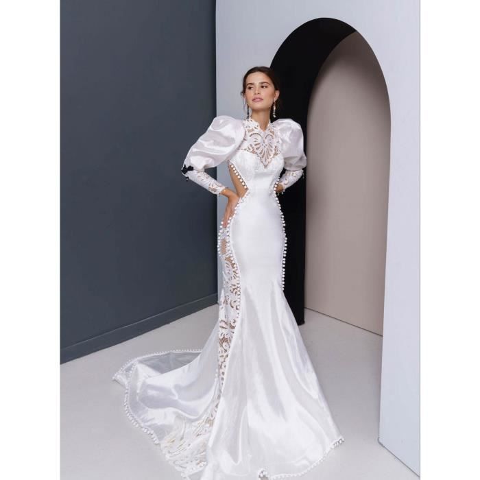 Robe de marie sexy col haut satin dentelle perles dos nu manches