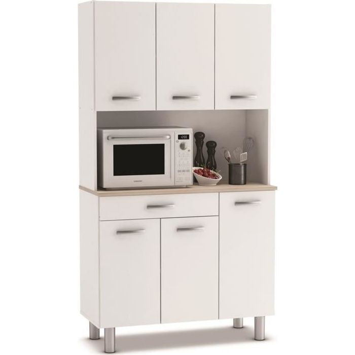 buffet de cuisine - meuble de cuisine coloris acacia-blanc mat - longueur 101 x profondeur 185,3 x hauteur 42,3 cm