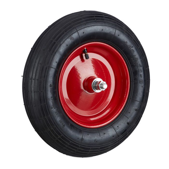 Relaxdays Roue de brouette caoutchouc 80 kg, roue de rechange, 260 x 85 cm essieu 3.00-4 chariot diable, noir-rouge