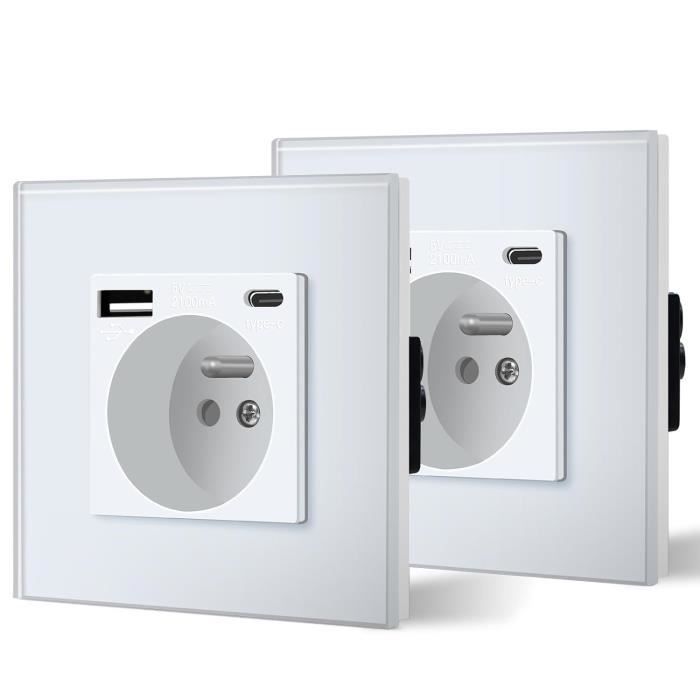 Prise Murale BSEED Avec USB-C Et USB 2.1A - 16A 240V Blanc Verre Trempé - Format 86mm