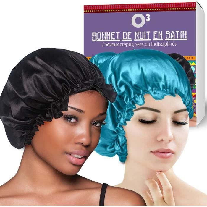 O³ Bonnet Satin Cheveux Nuit Afro, Lot de 2 Bonnets de Satin 1 noir et 1  gris, Large avec élastique, Bonnet Cheveux Nuit