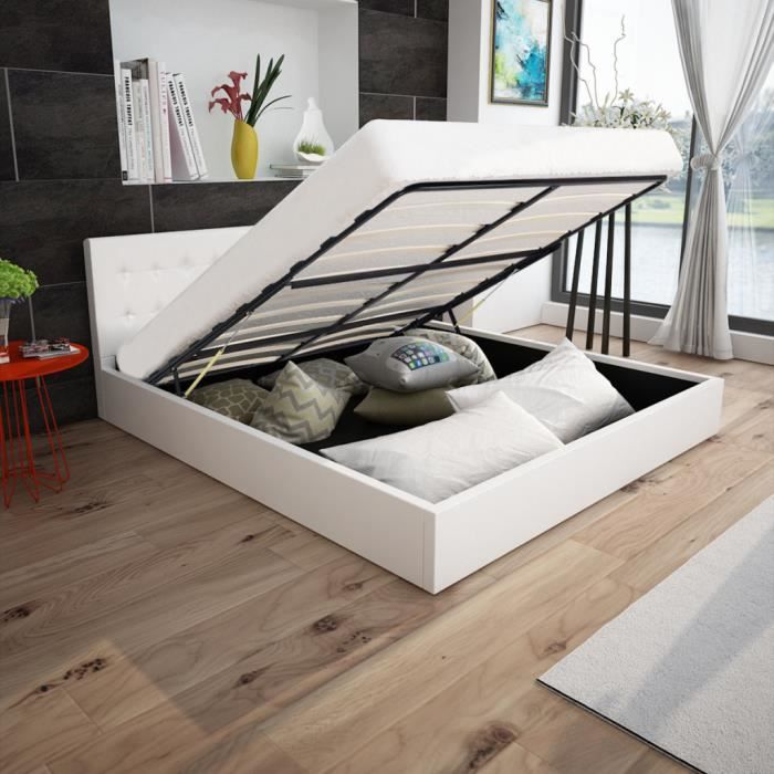 Lit Coffre Hydraulique En Cuir Synthetique 200 X 180 Cm Blanc