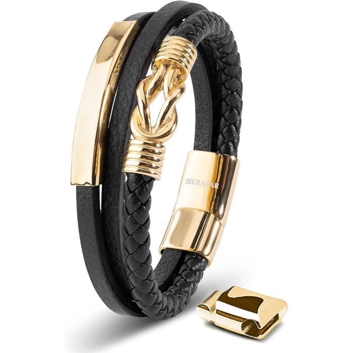 JewelryWe Bijoux Bracelet Homme Cuir Multi-rangs Fermoir Aimanté Magnétique Acier Inoxydable Chaîne de Main Couleur Noir Marron Avec Sac Cadeau