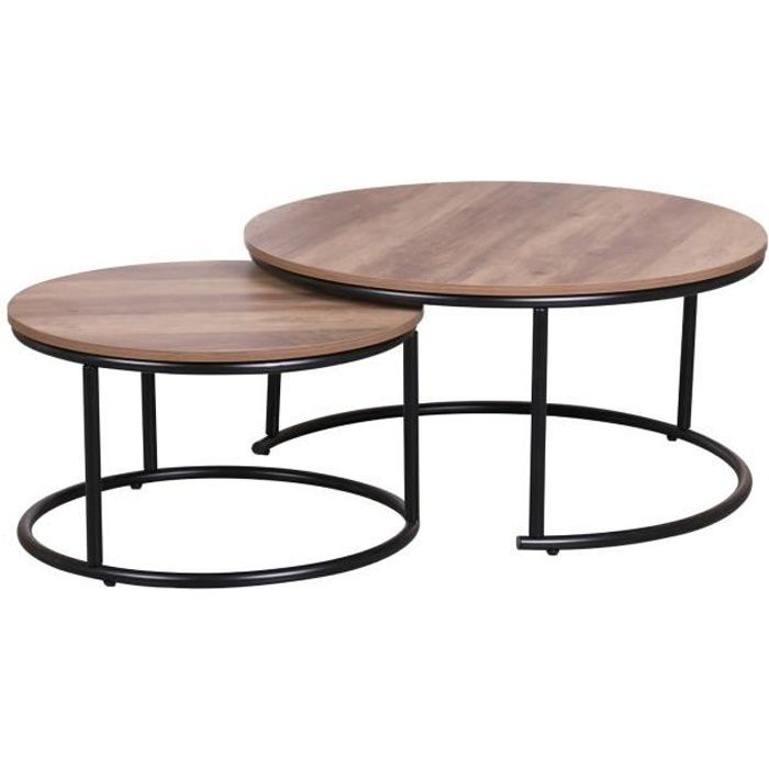 table basse ronde en bois et métal - urban living - ensemble de 2 - aspect bois - noir