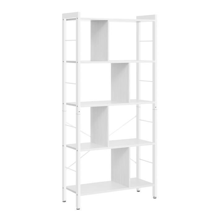 Bibliothèque à 5 Niveaux Grande Structure Métallique Style Industriel Blanc Érable et Blanc Nuage