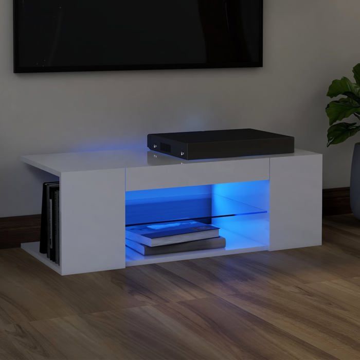 Meuble TV de 120 cm avec éclairage LED en bois et verre blanc VidaXL 804301  - Habitium®