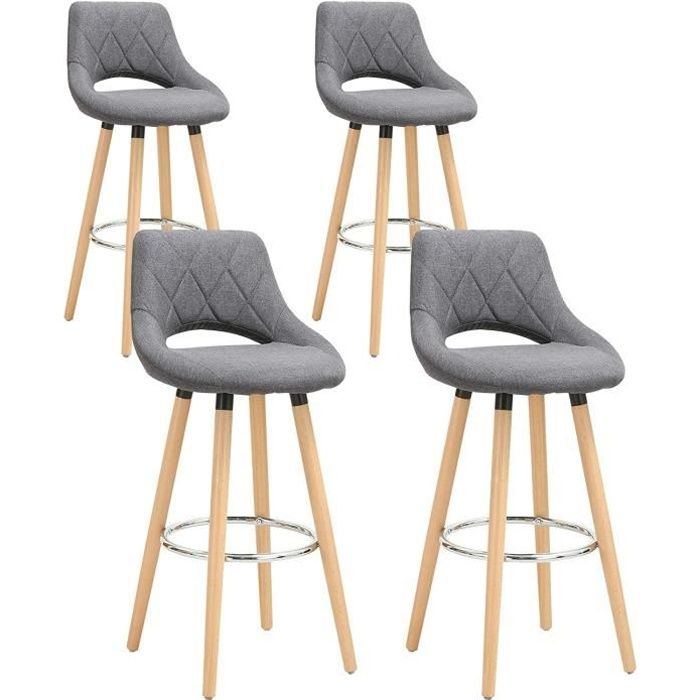 WOLTU Lot de 4 Tabourets de bar en lin et bois massif avec dossier et repose-pieds Gris Foncé