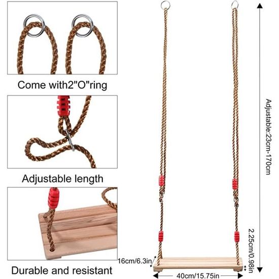 Hollowfly Lot de 2 balançoires en bois carbonisé à suspendre avec corde de chanvre réglable et sangles d'arbre étanches avec charge de 226,8 kg pour