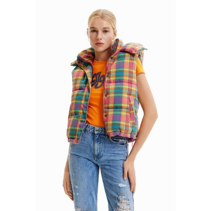 Doudoune sans manches carreaux femme Desigual vert orange L Vert orange Cdiscount Pret a Porter