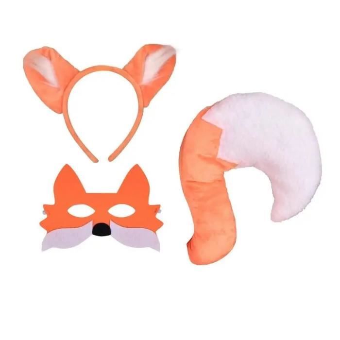 Carreuty Lot de 3 accessoires de costume de renard, costume d'animal, oreilles de renard, bandeau, queue de renard, cravate de renard, costume de renard pour enfants et adultes, déguisement de renard