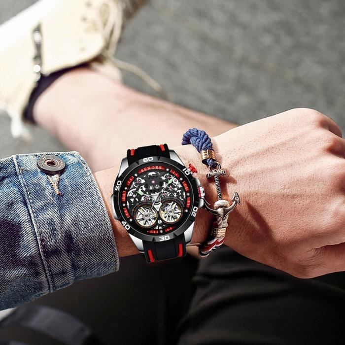 Montre Squelette Homme Automatique Carbone Noir Or - Style Luxe, Bracelet Silicone, Neuf Avec étiquettes