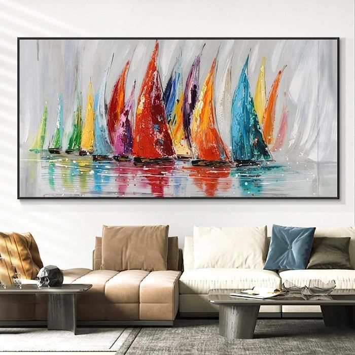 Peinture à l'huile colorée sur toile avec port de mer (91 x 61 cm)